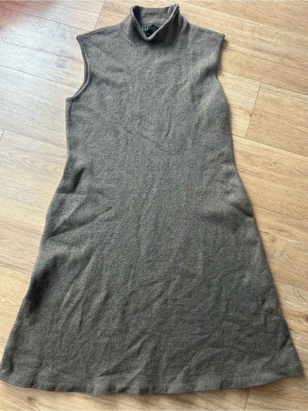 Lauren Ralph Lauren 100% Merino Wool Sleeveless Mock Roll Neck Mini Dress Brown